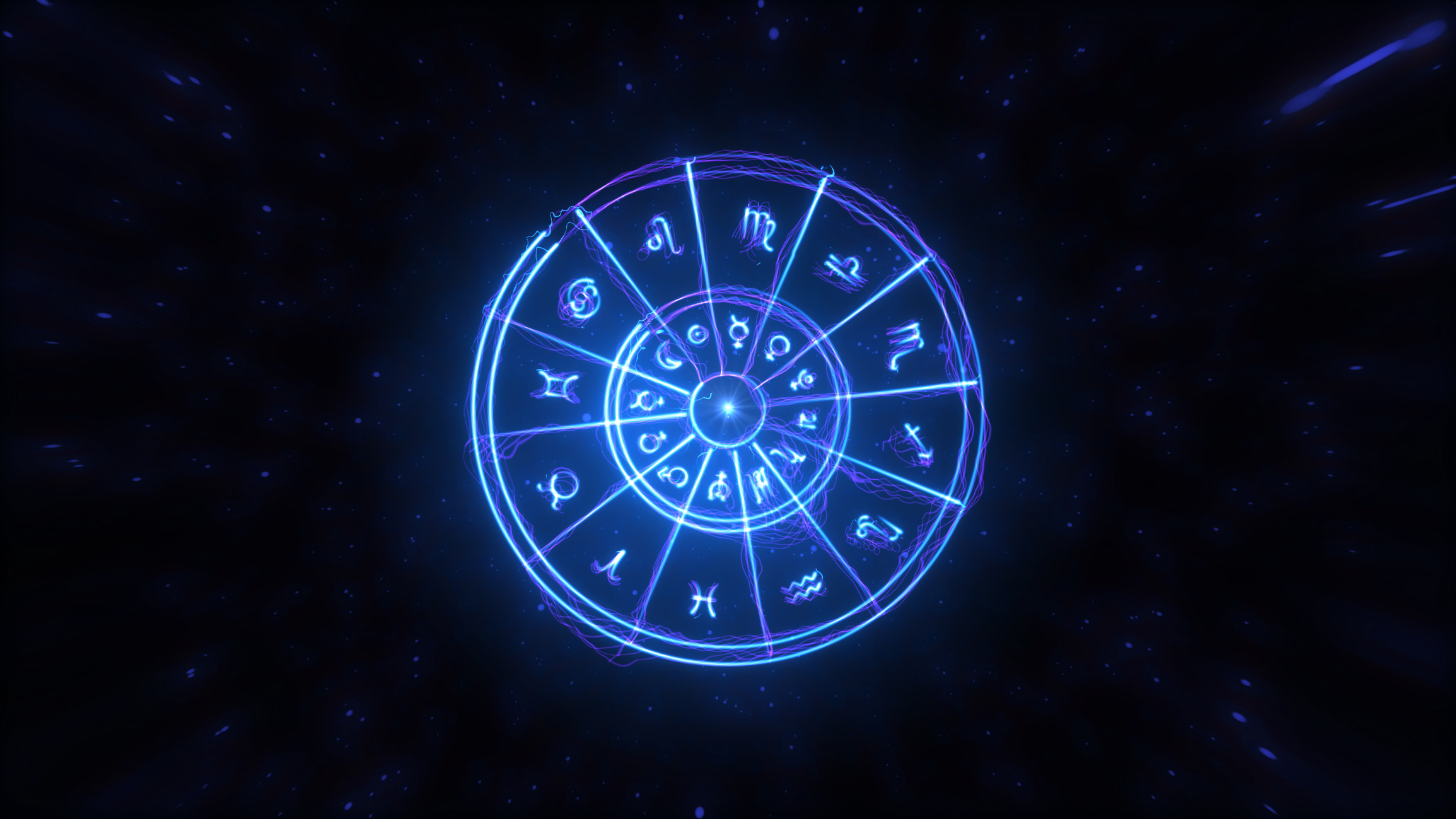Roda do zodíaco em neon azul brilhante, com os 12 signos astrológicos e símbolos planetários, sobre fundo escuro com pontos de luz que simulam estrelas
