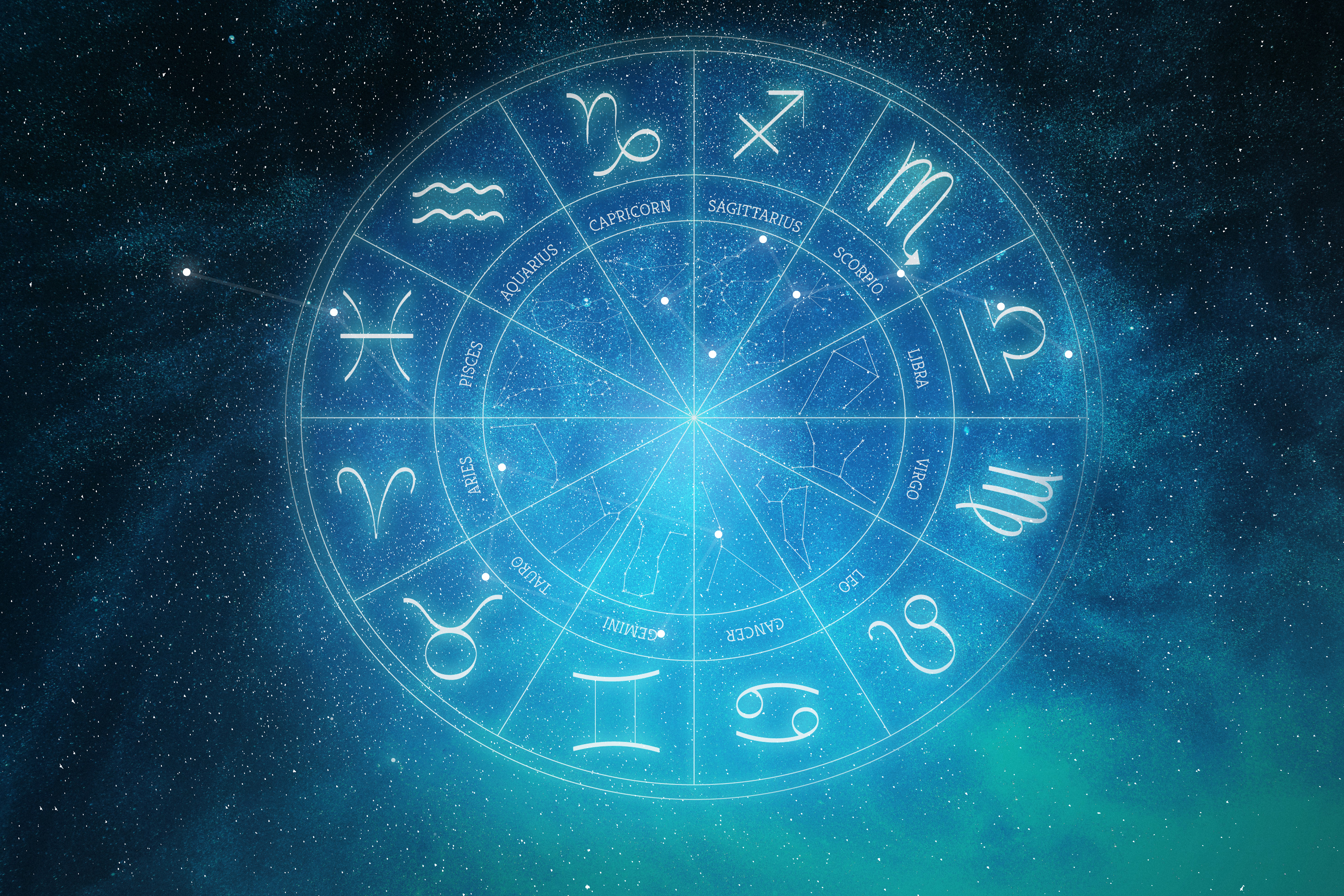 Círculo astrológico azul brilhante com os doze signos do zodíaco e seus nomes, sobre um fundo de céu noturno estrelado