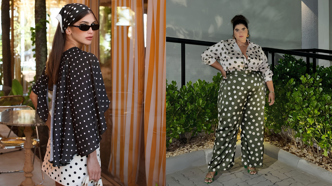 Duas mulheres posam com roupas de bolinhas. À esquerda, uma mulher de óculos escuros e lenço na cabeça, veste blusa preta e saia branca de bolinhas. À direita, uma mulher plus size com blusa branca e calça verde de bolinhas, posa com a mão na cintura