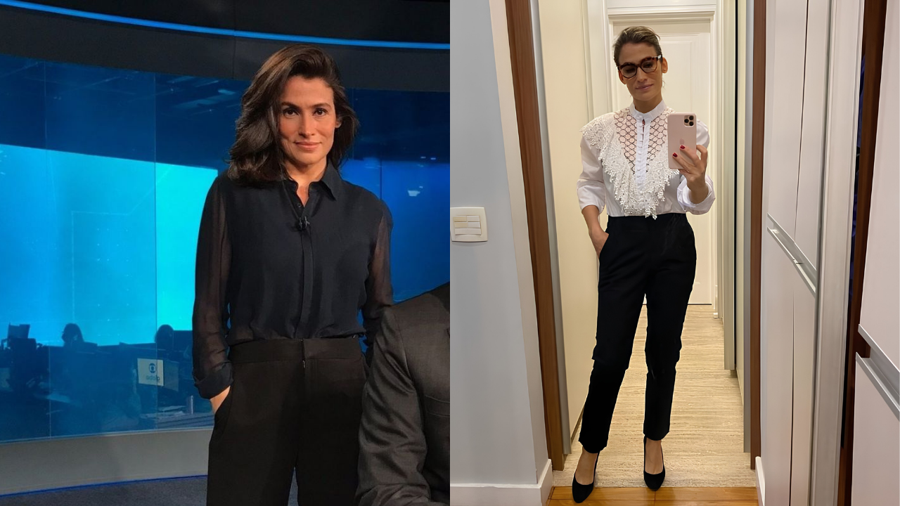 Duas fotos lado a lado de uma mulher. À esquerda, ela está em um estúdio de TV, sorrindo, vestindo camisa preta transparente e calça preta. À direita, ela tira uma selfie no espelho, usando óculos, camisa branca com renda e calça preta, com sapatos de salto