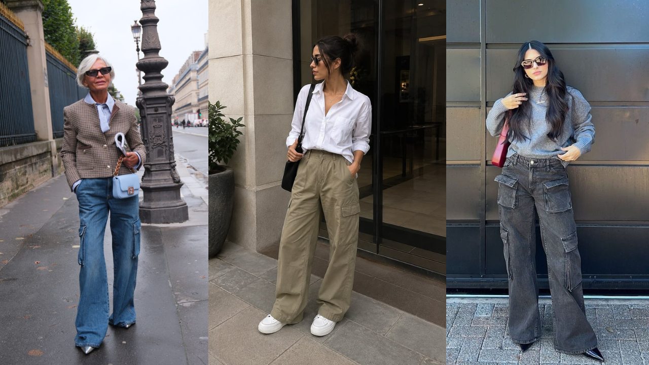 Três mulheres exibem calças cargo largas em diferentes estilos. A primeira, idosa, usa jeans azul, blazer xadrez e bolsa azul-claro. A segunda, jovem, veste calça bege, camisa branca e tênis. A terceira, também jovem, usa calça jeans escura, suéter cinza e bolsa rosa