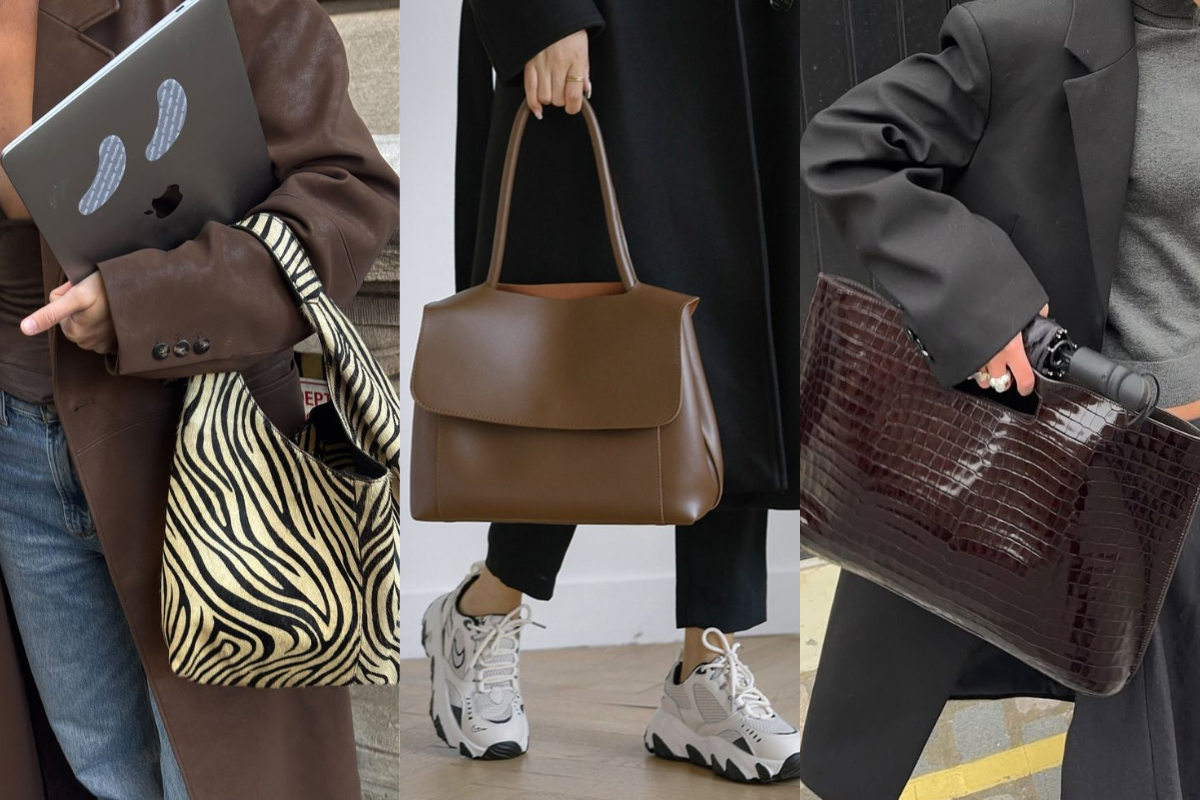 Três pessoas exibem bolsas e acessórios. À esquerda, uma pessoa segura um notebook e uma bolsa de ombro com estampa de zebra. No centro, uma pessoa com tênis brancos segura uma bolsa marrom de couro. À direita, uma pessoa com blazer cinza segura uma bolsa grande de couro marrom com textura de crocodilo e um guarda-chuva preto