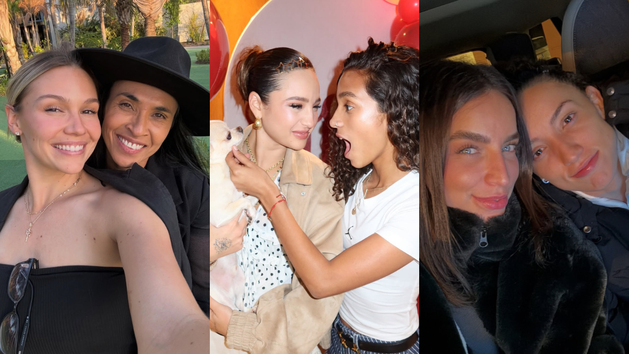 Três casais de mulheres sorrindo em diferentes ambientes: um ao ar livre, outro com balões e um terceiro dentro de um carro