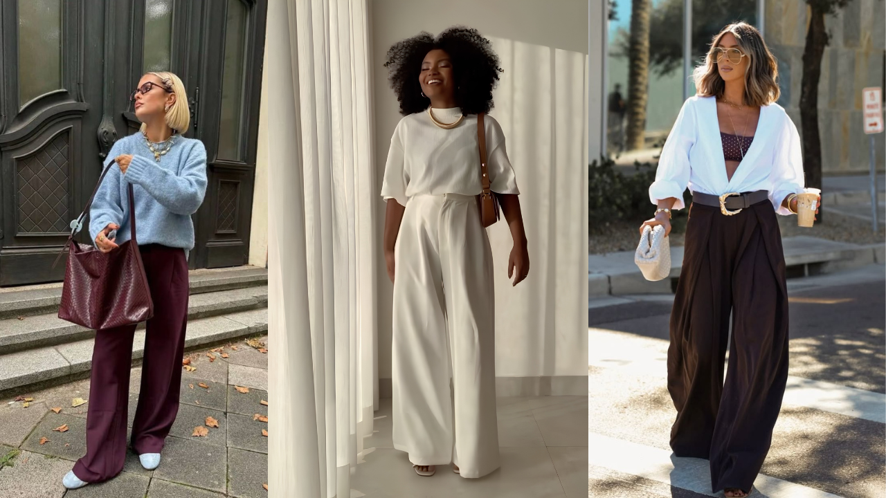 Três mulheres exibem calças pantalonas em looks distintos. A primeira, loira, usa suéter azul, calça vinho e bolsa marrom. A segunda, negra de cabelo crespo, veste conjunto branco e bolsa caramelo. A terceira, morena, usa camisa branca, top estampado, calça marrom, cinto largo e segura um copo de café