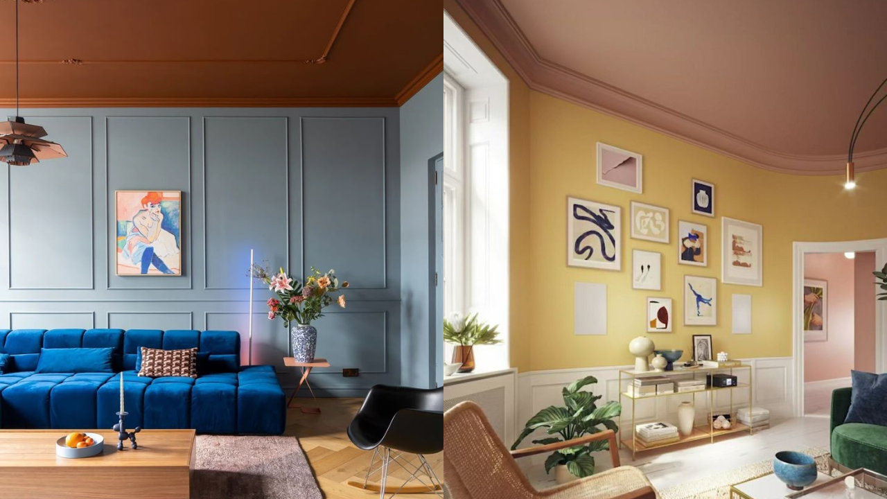Duas salas de estar divididas verticalmente. À esquerda, sofá azul, parede cinza com boiseries e teto marrom. À direita, parede amarela com quadros, teto rosa e poltrona de vime