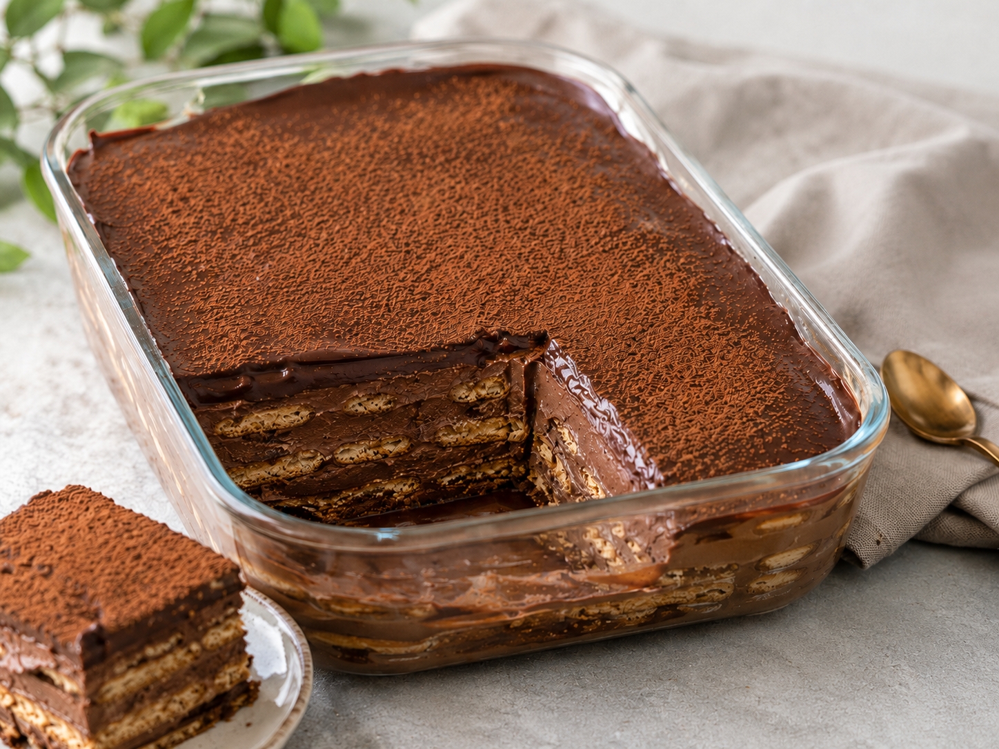 Torta holandesa em travessa de vidro com uma fatia cortada, revelando camadas de biscoito e creme de chocolate, coberta com cacau em p&oacute;. Uma fatia est&aacute; em um prato branco ao lado, com uma colher dourada e um pano de prato cinza ao fundo