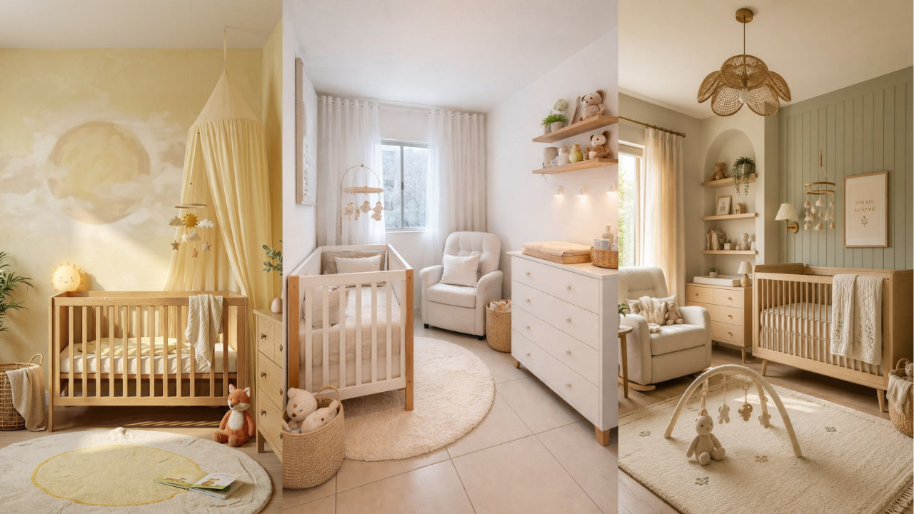 Três quartos de bebê, cada um com berço, poltrona, cômoda e decoração em tons neutros. O primeiro tem parede amarela com lua e nuvens, dossel e tapete redondo. O segundo é branco com cortinas claras e prateleiras. O terceiro tem parede verde-clara, lustre de palha e tapete retangular com arco de atividades