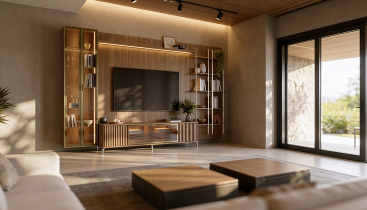 Sala de estar moderna com painel de madeira, televisão, estantes iluminadas com livros e objetos decorativos, e porta de vidro que dá para uma varanda com vista para a natureza. Sofás claros e mesas de centro escuras completam o ambiente.