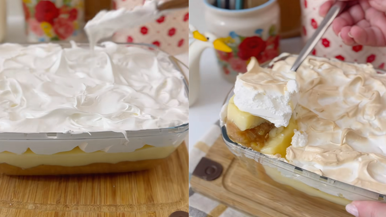 Duas cenas de uma sobremesa em travessa de vidro: à esquerda, merengue branco é espalhado sobre um creme amarelo; à direita, uma colher retira uma porção do doce com merengue tostado, revelando camadas de creme e frutas