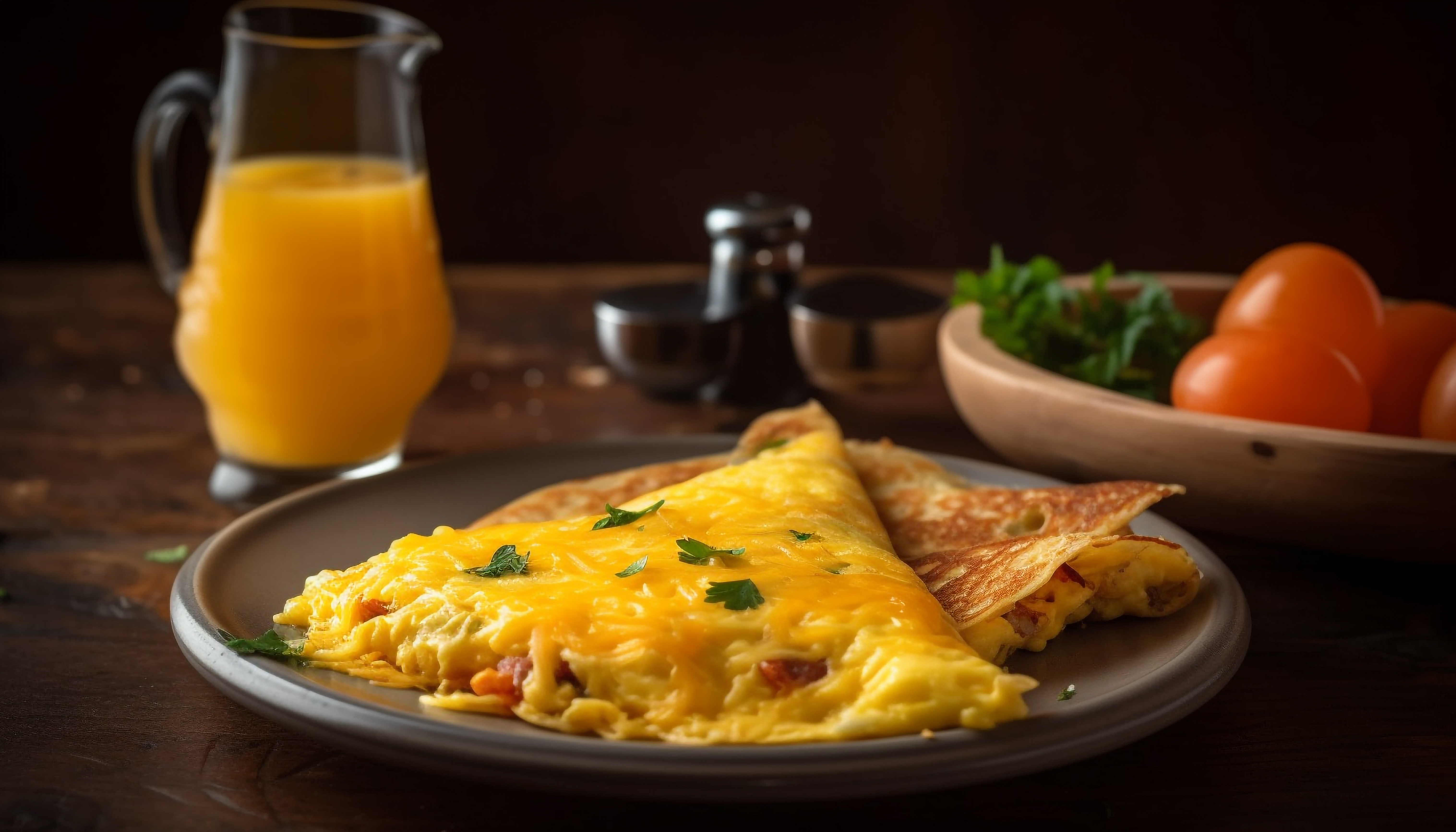 Omelete dobrado com queijo derretido e salsa picada em um prato cinza, ao lado de um copo de suco de laranja e uma tigela de tomates cereja e folhas verdes, sobre uma mesa de madeira escura