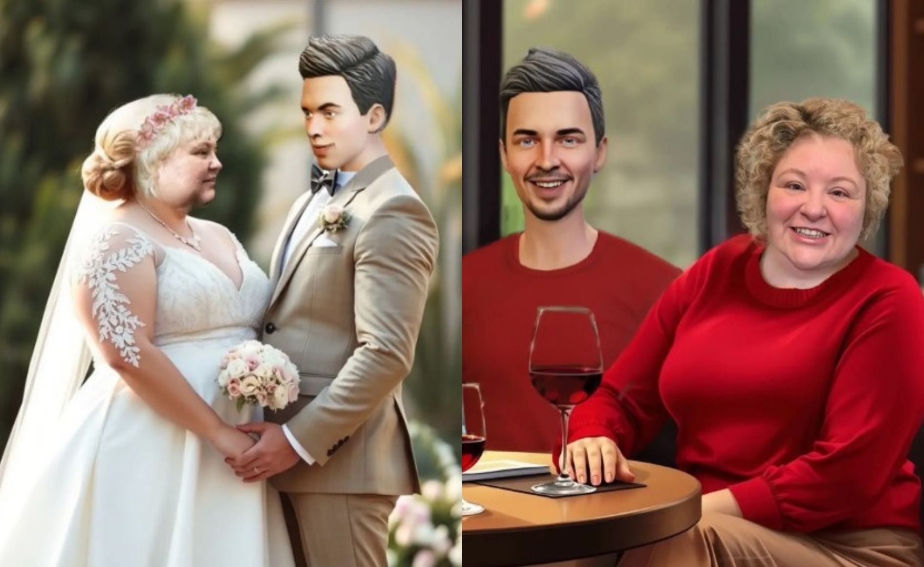 Montagem de duas cenas: &agrave; esquerda, uma noiva loira de vestido branco e um noivo com terno bege se olham apaixonados; &agrave; direita, a mesma mulher sorri sentada &agrave; mesa com um homem de camiseta vermelha, ambos com ta&ccedil;as de vinho