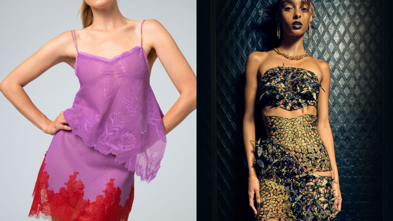 Duas modelos exibem roupas: à esquerda, uma mulher de pele clara veste conjunto lilás de camisola e saia com renda vermelha; à direita, uma mulher de pele morena usa top e saia vazados em tons de verde e dourado, com folhas aplicadas, batom preto e joias douradas