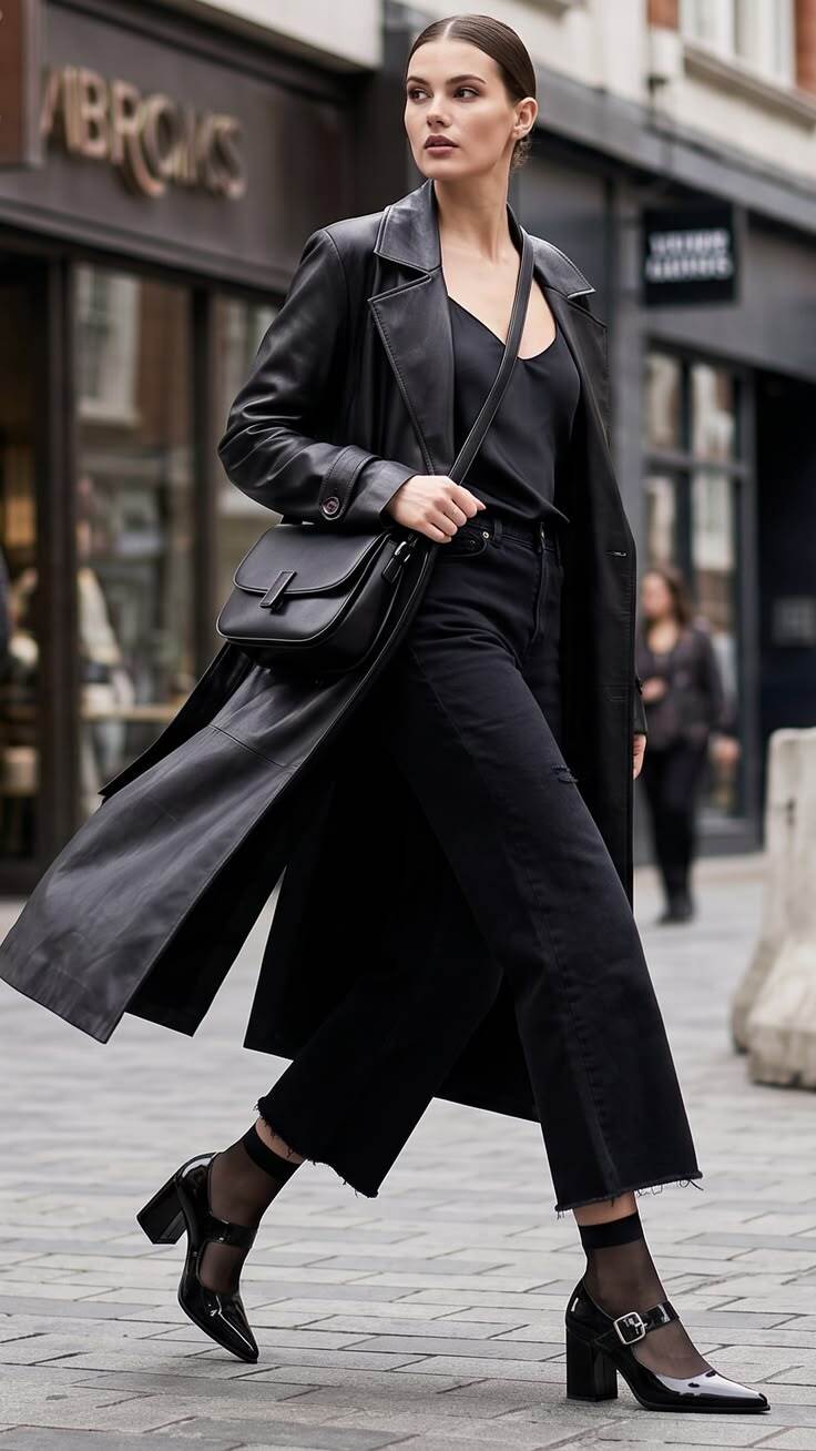 Mulher com cabelo preso, vestindo casaco longo de couro preto, blusa preta, cal&ccedil;a jeans preta e sapatos de salto alto pretos, caminhando na rua com uma bolsa preta a tiracolo