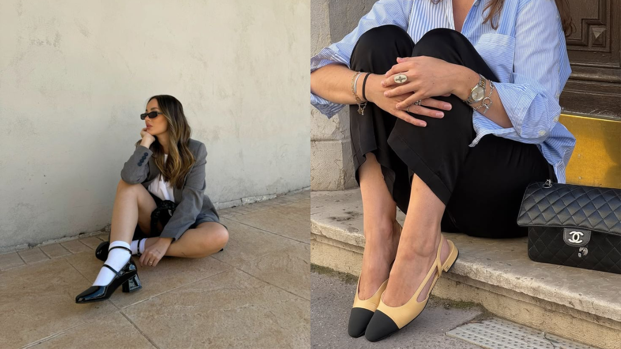 Duas mulheres sentadas em ambientes urbanos. À esquerda, uma mulher de óculos escuros, blazer cinza, camiseta branca, shorts preto, meias brancas e sapatos Mary Jane pretos. À direita, uma mulher de camisa listrada azul e branca, calça preta, sapatos slingback bege com biqueira preta e uma bolsa Chanel preta acolchoada ao lado