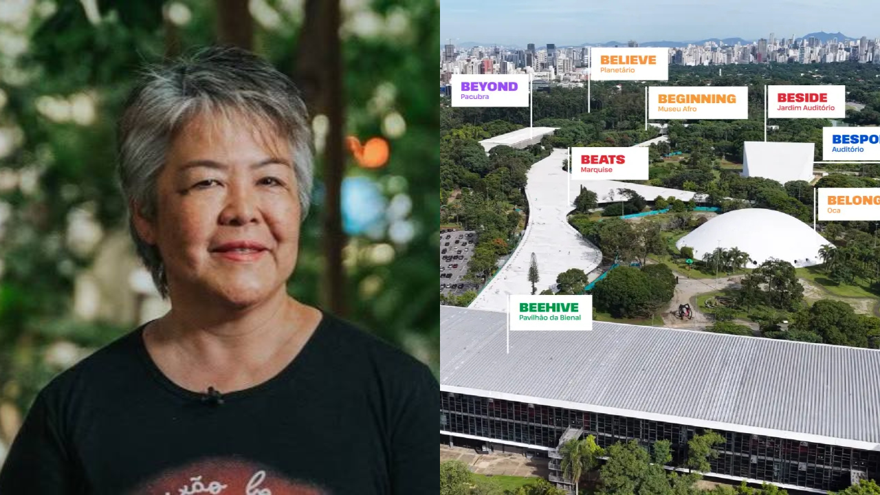 Mulher asiática de cabelos grisalhos curtos e camiseta preta sorri, ao lado de uma vista aérea do Parque Ibirapuera com edifícios e áreas verdes, e balões indicando Believe Planetário, Beginning Museu Afro, Beside Jardim Auditório, Bespoke Auditório, Belong Oca, Beehive Pavilhão da Bienal, Beats Marquise e Beyond Pacubra