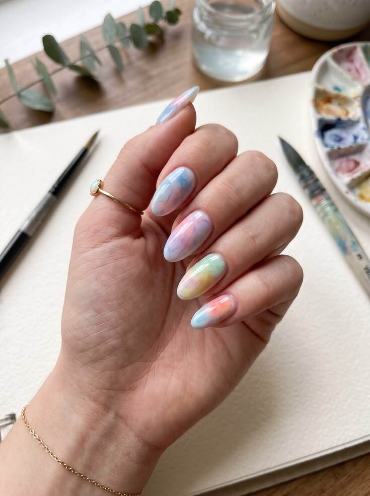 M&atilde;o feminina com unhas ovais pintadas em tons pastel de azul, rosa, amarelo e verde, com efeito marmorizado. Ela usa um anel dourado com pedra clara no dedo anelar e uma pulseira fina no pulso. Ao fundo, pinc&eacute;is, um pote com &aacute;gua e uma paleta de tintas.