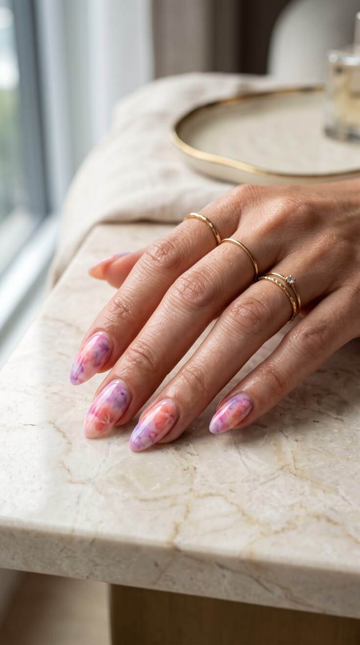 M&atilde;o feminina com unhas ovais longas, esmalte em tons de roxo, rosa e laranja com efeito marmorizado. Ela usa tr&ecirc;s an&eacute;is dourados finos, um com uma pequena pedra brilhante, sobre uma superf&iacute;cie de m&aacute;rmore claro. Ao fundo, um prato decorativo e um frasco de perfume desfocados