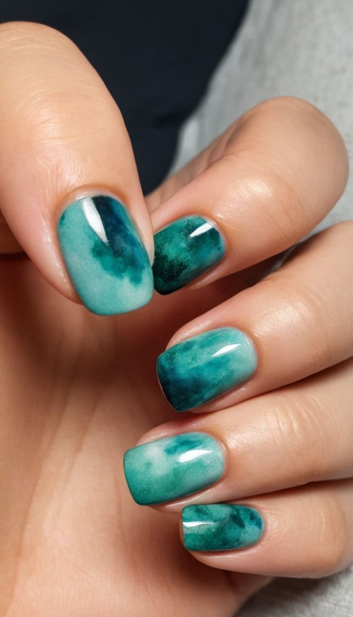 M&atilde;o feminina com unhas pintadas em tons de verde-&aacute;gua e verde escuro, com efeito marmorizado e brilho, lembrando pedras preciosas ou &aacute;gua turquesa