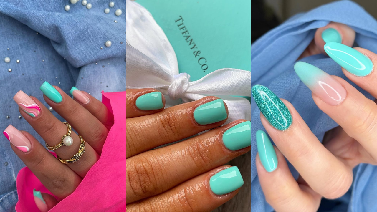 Três fotos de mãos com unhas decoradas em tons de azul-turquesa. À esquerda, unhas quadradas com esmalte nude, detalhes em rosa e turquesa, e um anel dourado com pérola. No centro, unhas curtas turquesa sobre uma caixa Tiffany & Co. À direita, unhas longas, uma com glitter turquesa, outra em ombré nude e turquesa