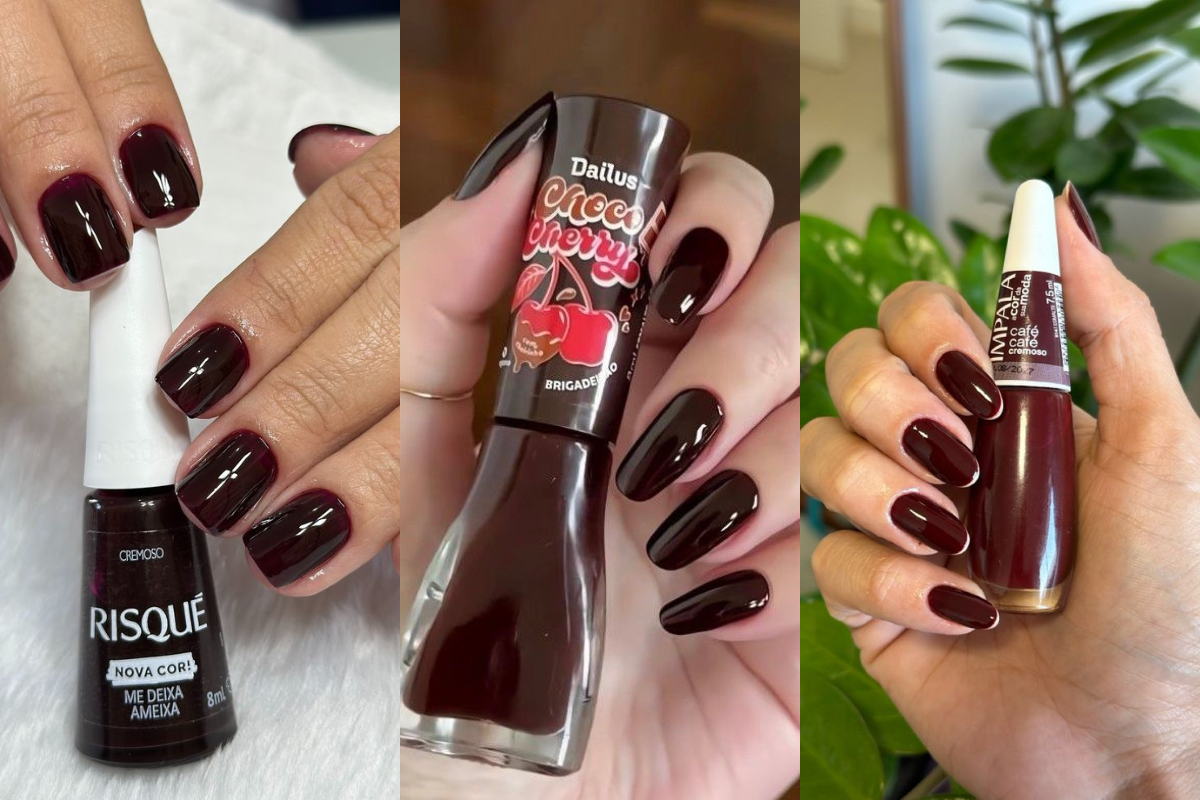 Três mãos femininas exibindo unhas pintadas com esmaltes em tons de vinho e marrom escuro. A primeira mão segura um esmalte Risqué Me Deixa Ameixa, a segunda um Dailus Choco Cherry e a terceira um Impala Café Café