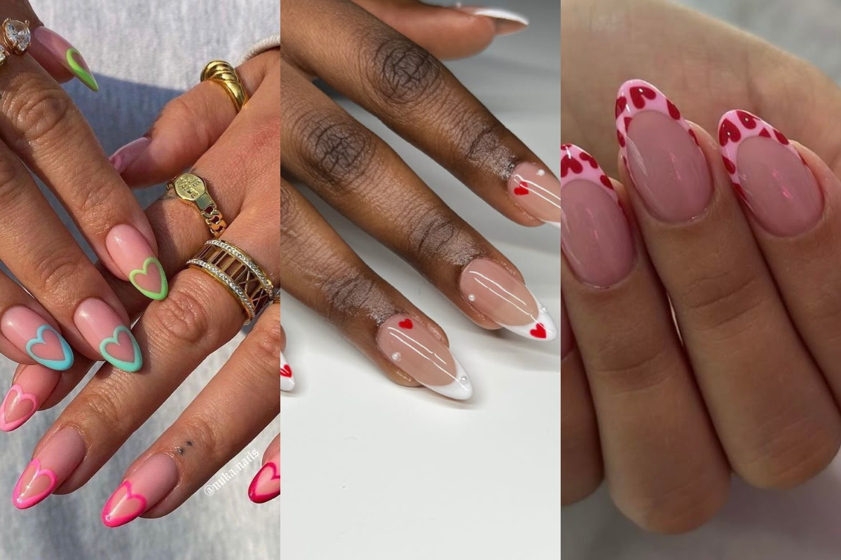 Três mãos com unhas decoradas em tons de rosa e branco. A primeira mão tem unhas amendoadas com corações em rosa, azul e verde. A segunda mão, de pele escura, exibe francesinhas brancas com pequenos corações vermelhos e pontos brancos. A terceira mão tem unhas ovais com francesinhas rosa decoradas com corações vermelhos