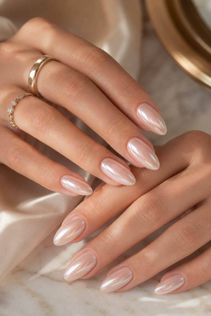 M&atilde;os femininas com unhas amendoadas e esmalte perolado em tom nude, an&eacute;is dourados nos dedos anelar e m&eacute;dio, sobre fundo claro