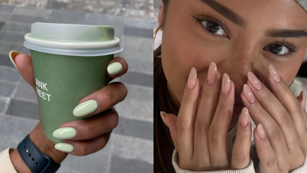 Duas imagens lado a lado. À esquerda, uma mão segura um copo de café verde-claro com tampa branca, unhas pintadas de verde-menta. À direita, uma mulher com maquiagem nos olhos e sardas, cobrindo parte do rosto com as mãos, exibindo unhas longas e ovais em tom nude