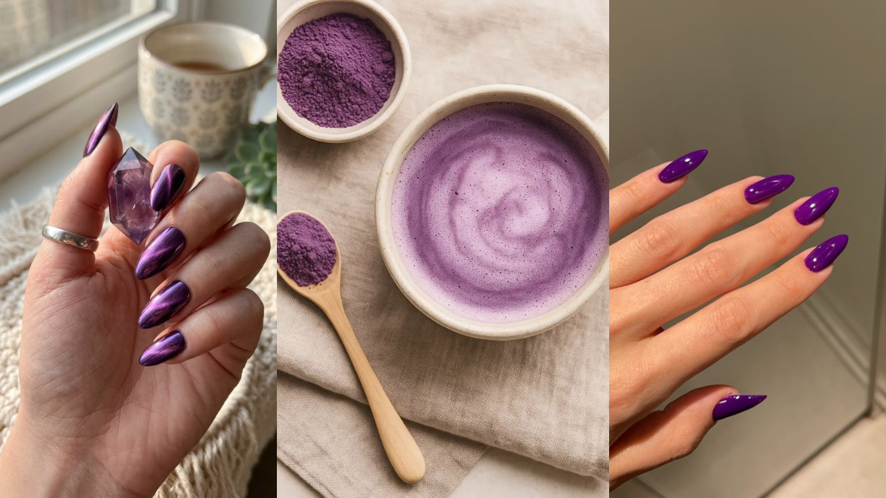 Três imagens verticais: uma mão com unhas roxas metálicas segurando um cristal roxo; uma tigela de bebida roxa espumosa, pó roxo em uma tigela e em uma colher de madeira; e uma mão com unhas roxas pontudas