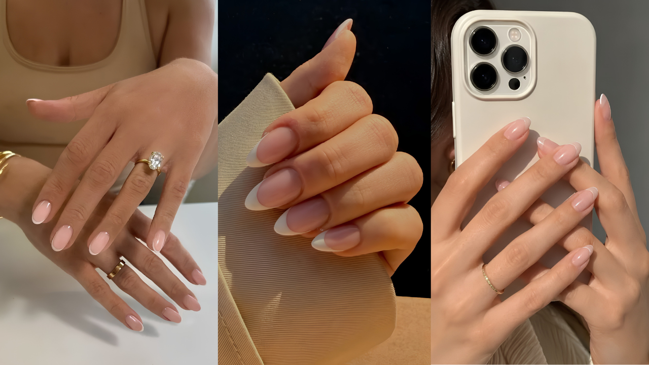 Três fotos de mãos femininas com unhas em estilo francesinha. Na primeira, mãos sobre uma superfície branca, com anéis dourados. Na segunda, uma mão segura um tecido bege. Na terceira, mãos seguram um celular branco, com um anel fino no dedo anelar