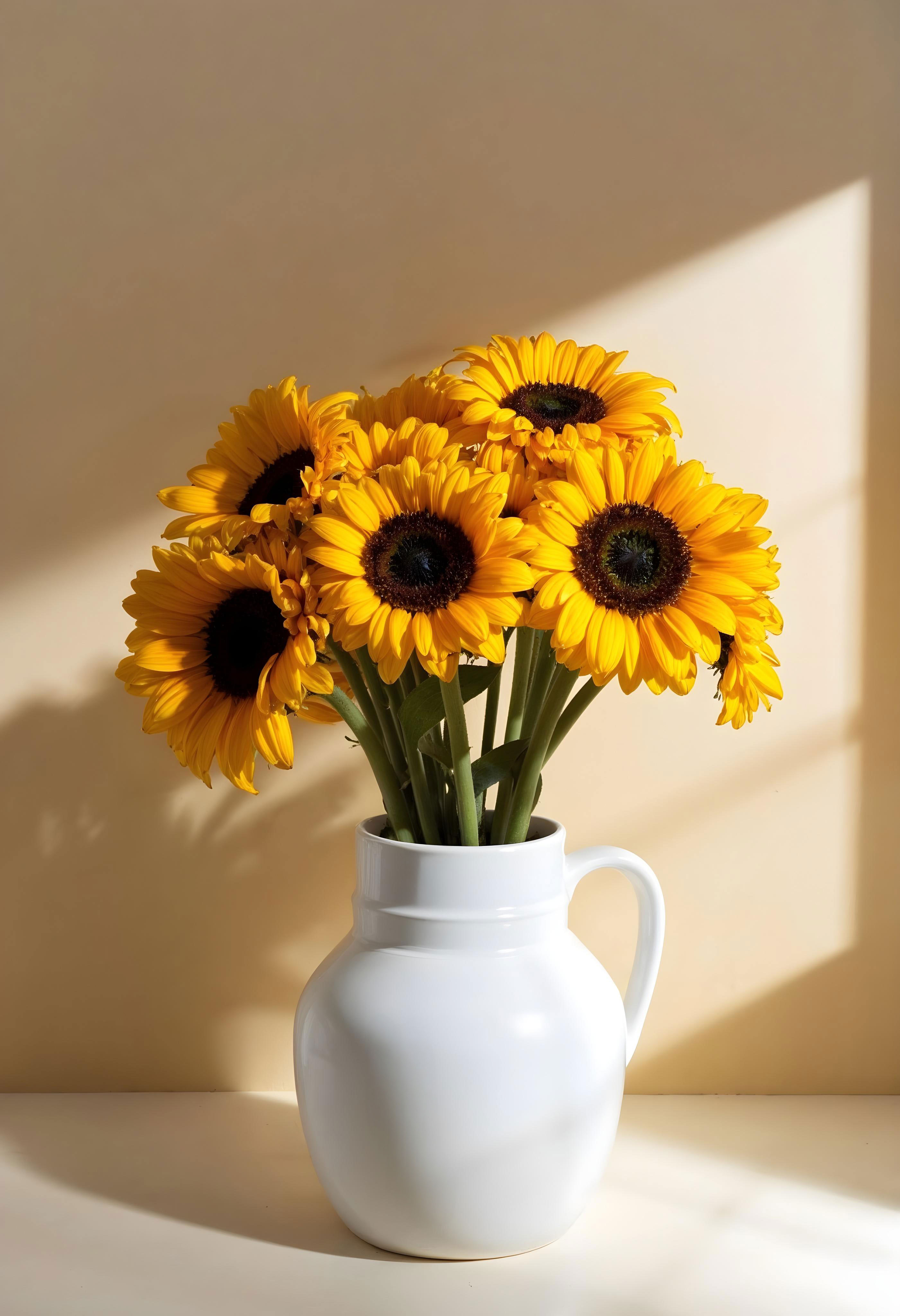 Vaso branco com al&ccedil;a contendo um buqu&ecirc; de girass&oacute;is vibrantes, com p&eacute;talas amarelas e miolos escuros, sobre uma superf&iacute;cie clara. A luz do sol projeta sombras diagonais na parede bege ao fundo, criando um ambiente acolhedor
