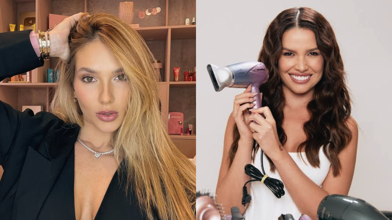 Montagem de duas influenciadoras digitais: à esquerda, loira de blazer preto e colar de coração, mão no cabelo; à direita, morena sorrindo, segurando um secador de cabelo prateado, com outros produtos de beleza à frente