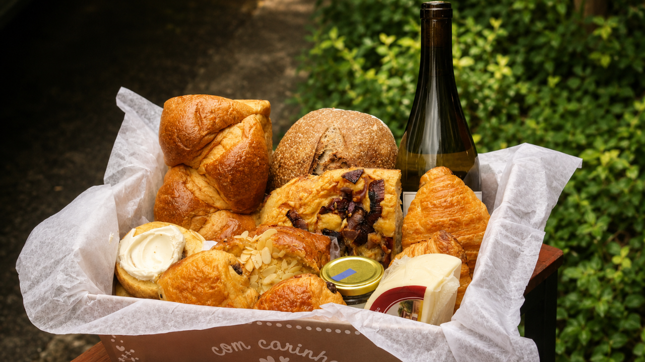 Cesta de café da manhã com pães variados, incluindo croissants, pão rústico, torta salgada, um pote de geleia, queijo e uma garrafa de vinho branco, sobre fundo verde de folhagens