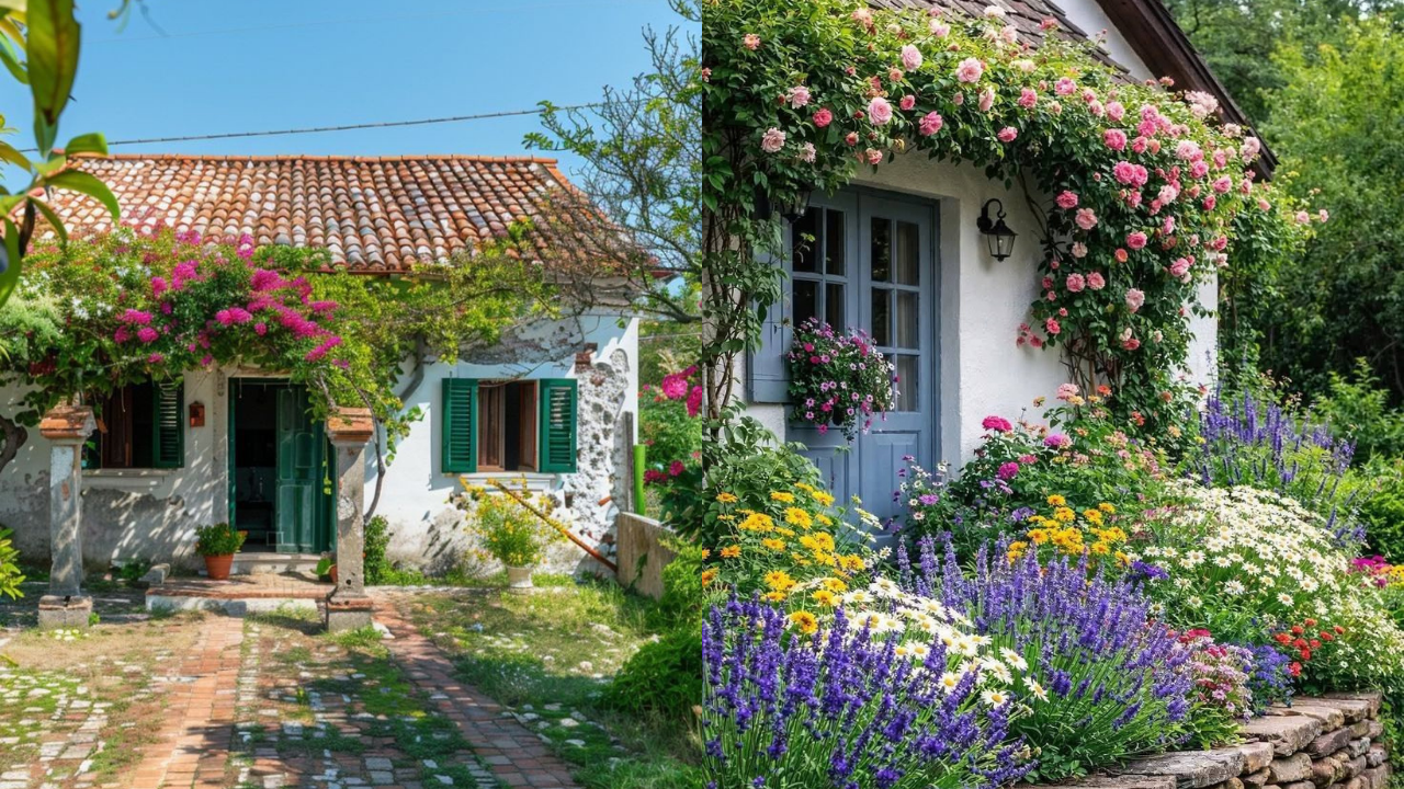 Duas casas rústicas com telhados de telha e paredes brancas, adornadas por trepadeiras floridas. A casa da direita tem uma porta azul e um jardim vibrante com lavanda, margaridas e flores amarelas. A casa da esquerda possui janelas com venezianas verdes e uma buganvília rosa intensa. Um caminho de tijolos conecta as duas casas sob um céu azul claro