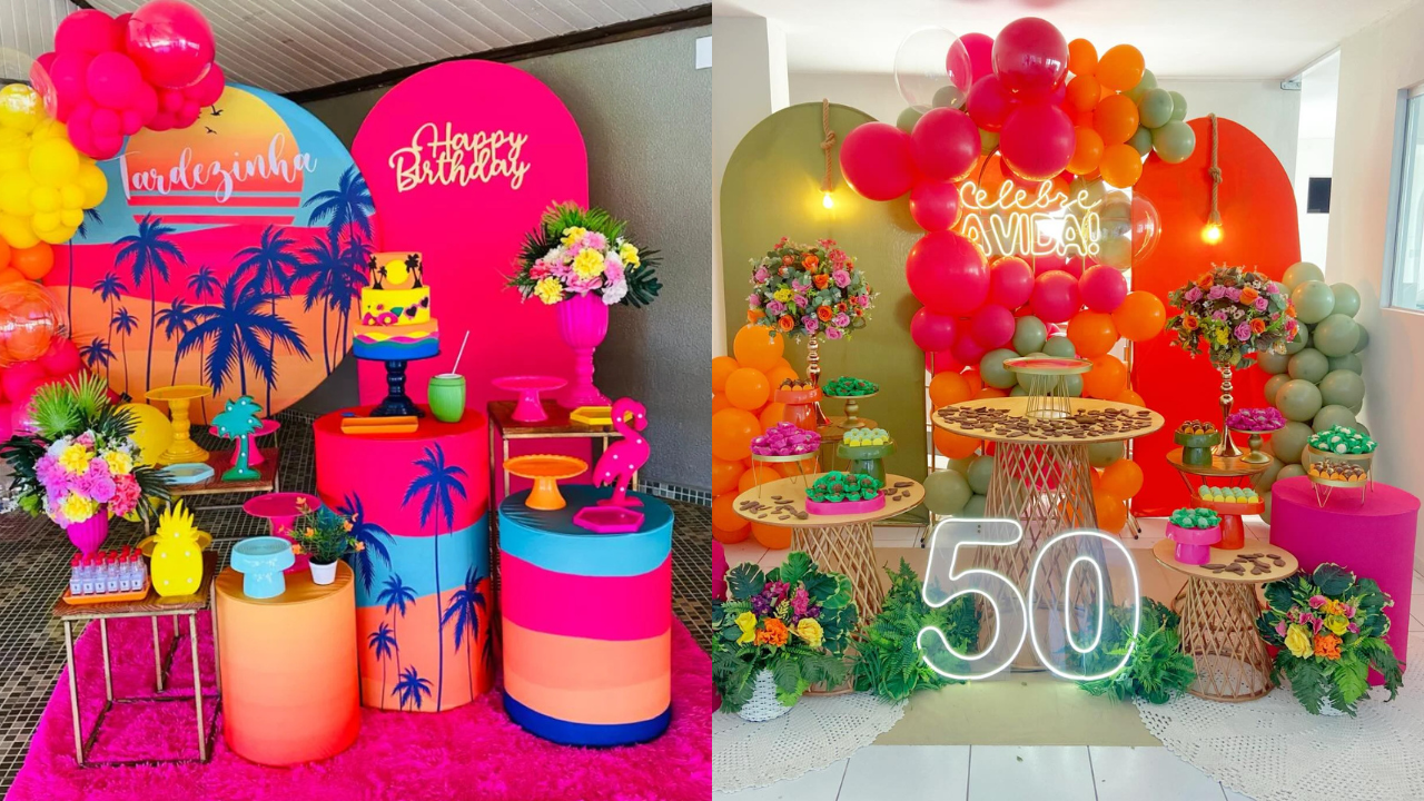 Duas fotos de festas de aniversário com decorações vibrantes. À esquerda, tema tropical neon com coqueiros, balões coloridos, bolo de dois andares e a frase Happy Birthday. À direita, festa de 50 anos com balões em tons de verde, laranja e rosa, doces variados, arranjos florais e um letreiro luminoso com o número 50